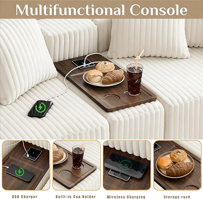 Oversized Cloud Modular Sectional Sofa Boneless Couch with Movable Ottomans,Free Combination Memory Foam Floor Couch with Charging Port & Cup Holders for Living Room | Coffee Table Board, Wireless Charge, No Assembly