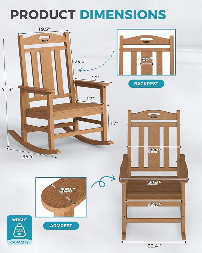 Ciokea Oversized Outdoor Rocking Chair, 380lbs Heavy-Duty Large Patio Rocker, Weather Resistant & Anti-Fade Porch Chair, High Back Cozy Rocking Chair for Outside, Fire Pit, Deck, Garden, Teak - Image 3