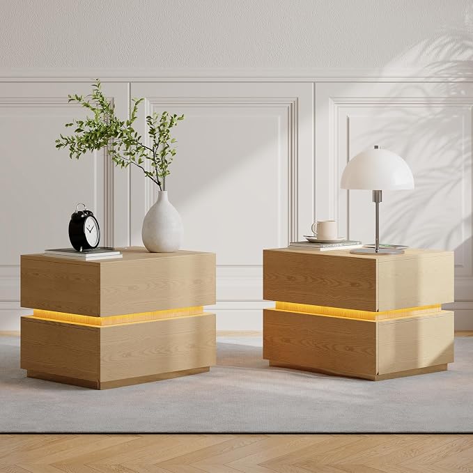 homary Smart Nightstand Set of 2 with Wireless Charging Station, USB & Type-C Ports, LED Light, 2 Drawers – Modern Natural Bedside Table for Bedroom Storage - Image 7