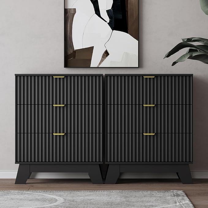 Wodeer Black Night Stand with 3 Drawers, Bedside Table & End Table, 24" Wide Mid Century Modern Fluted Wood Nightstand with Metal Handles, Farmhouse Night Stands for Bedroom - Image 5