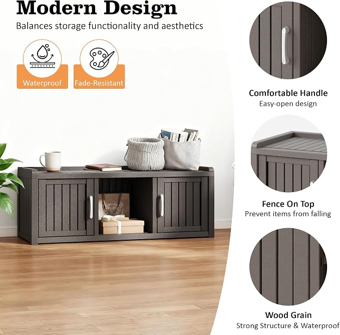 2-Tier Storage Bench, Waterproof UV-Resistant Outdoor Shoe Storage Cabinet with 2 Doors & Adjustable Shelves for Indoor Outdoor Entryway, Hallway, Living Room(Classic Grey) - Image 2