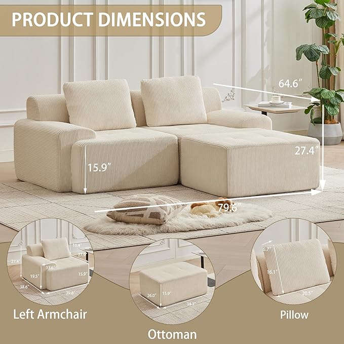Modular Sectional Sofa with Movable Ottoman, 2 Seat Deep Seat Couch with 2 Pillows, Comfy Cloud Sectional Sofa for Living Room, Bedroom and Apartment (White, 1 Left+1 Right+1 Ottoman)