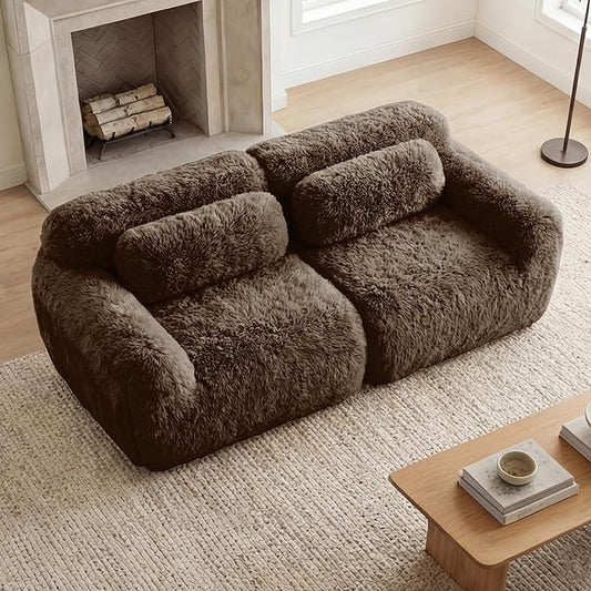 80.4-Inch Boneless Love Seat Couches in a Box, Modern 2 Seat Floor Modular Foam Cloud Sofa Faux Fur Loveseat Couch W/Angle Armrests for Home Apartments Bedroom