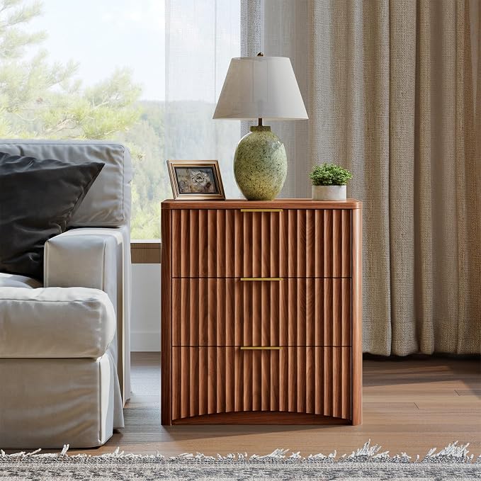 Evermagin Fluted Nightstand Set of 2, Walnut Bedside Table with 3 Drawers, Wood End Table with Storage Mid Century Modern, Large Night Stand for Bedroom - Image 6