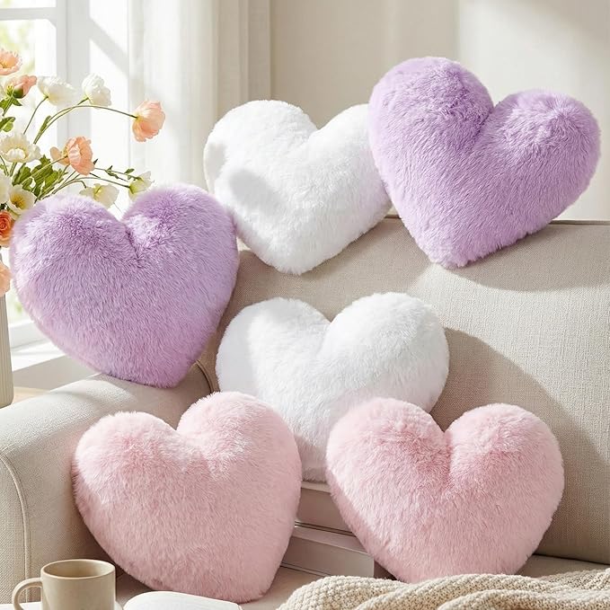 Liliful 6 Pcs Faux Rabbit Fur Heart Pillows Fluffy Heart Throw Pillows Cute Couch Cushion Soft Decorative Throw Cushion for Bed Sofa Girls Women(12 x 11 Inch,Stylish Color)