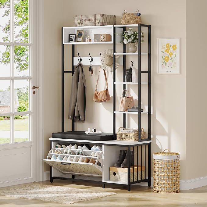 Hall Tree Coat Rack, Hall Tree With Bench and Shoe Storage Shoe With, Mud Room Storage Furniture，39.37 X 15.74 X 69.69 Inches, Rustic White by vividwood