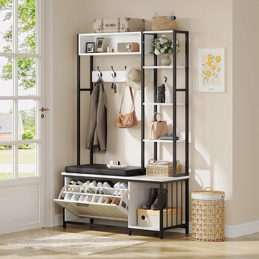 Hall Tree Coat Rack, Hall Tree With Bench and Shoe Storage Shoe With, Mud Room Storage Furniture，39.37 X 15.74 X 69.69 Inches, Rustic White by vividwood