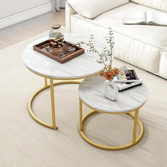 HOJINLINERO Round Coffee Table,Nesting Coffee Table Set of 2,Center Tables for Living Room,Office, Home Small Space,Stacking Side Tables,Sturdy and Easy Assembly,Wood Desktop,Golden+White,Large