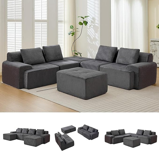 Modular Sectional Sofa, 6 Seat Modular Couch, Modular Sofa with Deep Seat and Detachable Pillow (Grey, 6 Pieces-U Shape)