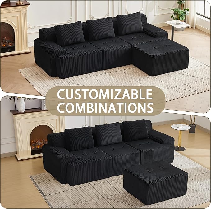 105.8'' Modular Sectional Sofa with Movable Ottoman, 3 Seat Deep Seat Couch with 3 Pillows, Comfy Cloud Sectional Sofa for Living Room, Bedroom (Black, 1 Left+1 Right+1 Middle+1 Ottoman)
