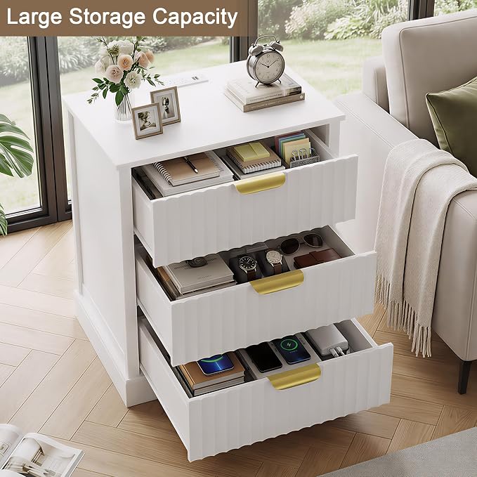 Fluted Nightstand with Charging Station, Modern Night Stand with 3 Drawers and Metal Handles, Large Bedside Table for Bedroom, White - Image 5