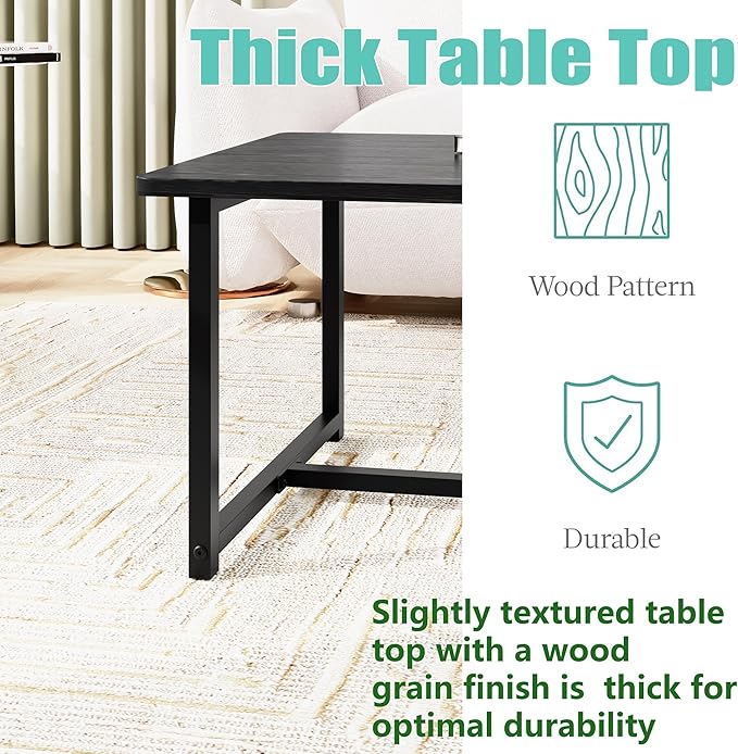 Coffee Table Living Room, Modern Center Table Rectangular, Industrial Furniture, Sofa End Tables/Tea Table/Table Basse De Salon with Metal Black Frame Black Top
