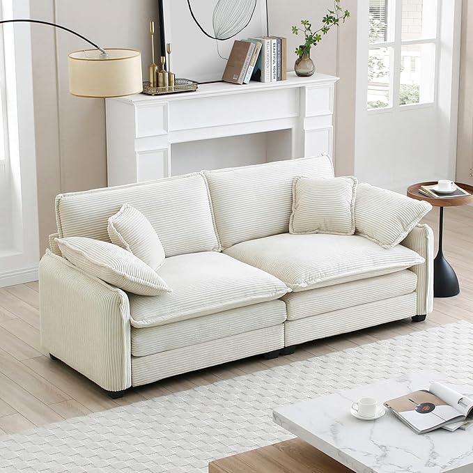 KEIKI 81" Oversized Corduroy Modular Sectional Loveseat Sofa with High-Density Foam Cushions, Removable Armrests, Upholstered Modern 2-Seater Fluffy Corner Couch with 4 Pillow, for Living Room, Beige