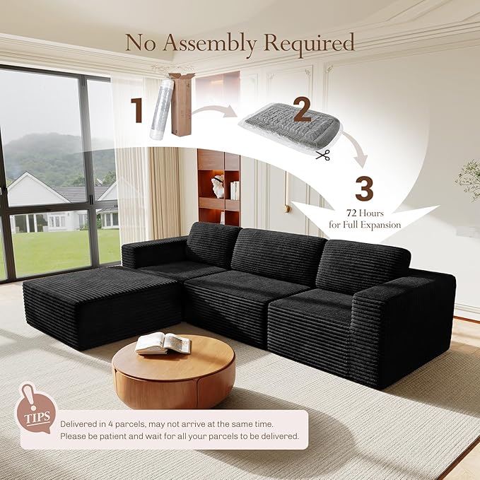 Vesgantti 119" L-Shaped Modular Sectional Sofa, Corduroy Cloud Couch with Deep Seating & Spring Support, Flexible Layout Sofa with Ottoman, Boneless Style, No Assembly Required, Black