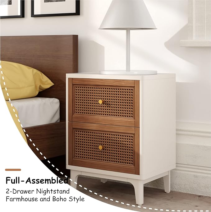 COZAYH Set of 2 Fully-Assembled 2-Drawer Woven Cane Front Accent Nightstand with Brass Knobs, Distressed White - Image 4
