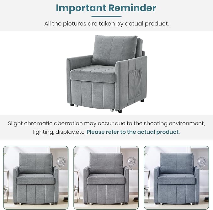 Ball & Cast 31.5" Convertible Pull-Out Sleeper Sofa Bed,Chenille Upholstered Pull Out Couch Chair,3 in 1 Single Sofa Chair W/Storage Basket and Side Pocket,Recliner Chaise Lounge for Living Room,Grey