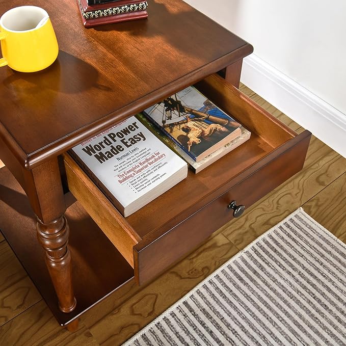 Living Room Table Set-One Rectangular Coffee Table and Two Square End Tables with Storage Drawer, Elegant Vintage Sofa Center Table with Wood Carved legs, No-Tools Assembly, Caramel Brown KFZ-BZ-C008