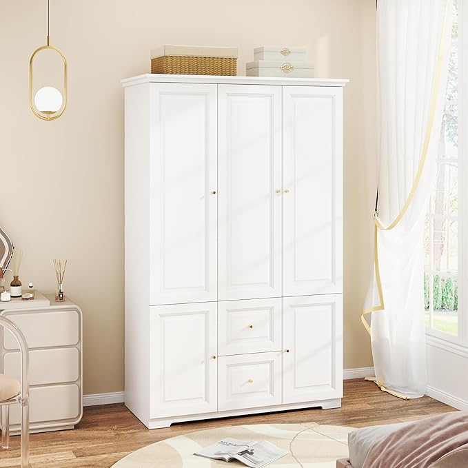 White Armoire Wardrobe Closet with Drawers: Wardrobe Closet for Hanging Clothes, Modern Bedroom Armoires with Hanging Rod, Wardrobes Closets with Doors and Shelves (White, 47")