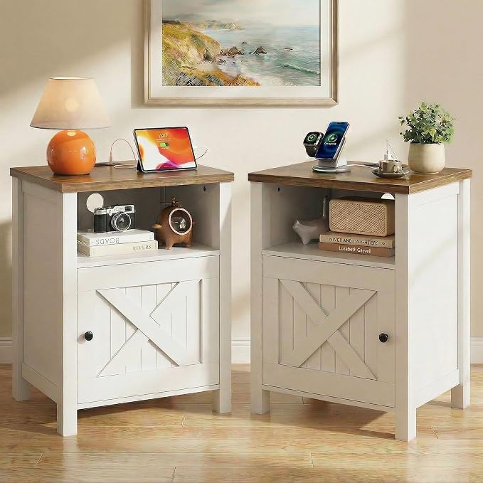Marsail Farmhouse Nightstand, Wood Bedside Table with Charging Station, Night Stand with Shelf and Doors, End Table with Storage Side Table for Bedroom, White & Brown by Marsail