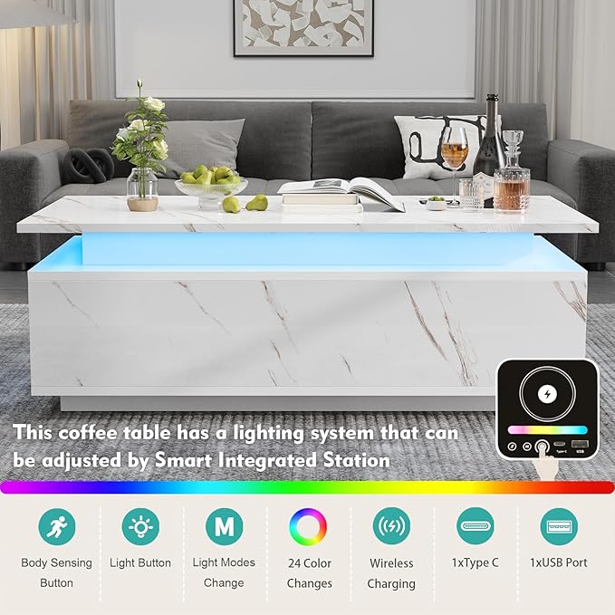 47" Modern LED Coffee Table with Wireless Charging, Bluetooth Speaker, and USB Ports, High Glossy Marble Coffee Table with Large Open 2-Tier Storage and Shelves for Living Room - White