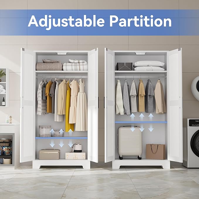 Wooden Armoire Wardrobe Closet, Wardrobe Cabinet with Door and Shelves, Freestanding Bedroom Armoires Clothing Storage Cabinet with Hanging Rod for Bedroom, Laundry Room, Cloak Room（White）