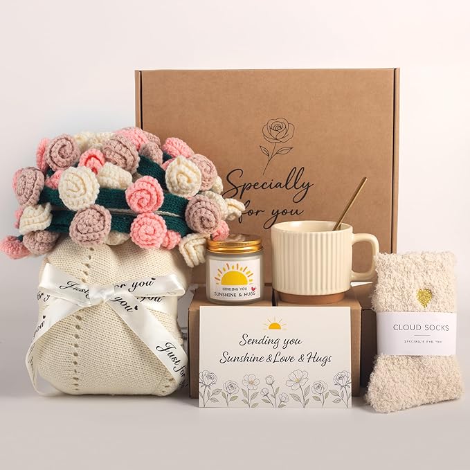 Get Well Gifts for Women, Flower Bouquet Blanket Gift Baskets, Care Package, Self Care Gifts, Thinking of You Gifts for Her Wife Mom Female Friends, Birthday Gifts for Women (Vintage Rose Mix)
