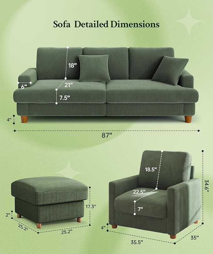 87.2" Couches for living room, Comfy Sectional Couch Green 7.5" Thicker Cushion, Sofas for Living Room Tool-Free Setup, Accent Chair with Ottoman 848lbs Support, Corduroy Couch for Home Office