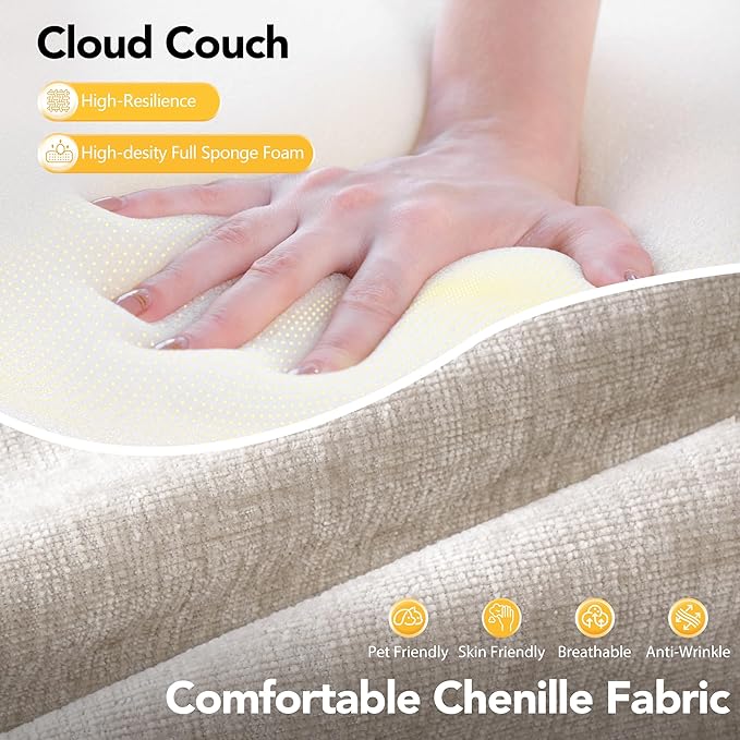 Cloud Modular Sectional Sofa, No Assembly Deep Seat Chenille Couch with 2 Ottomans, 3-Seater Modular Sofa for Living Room, Beige