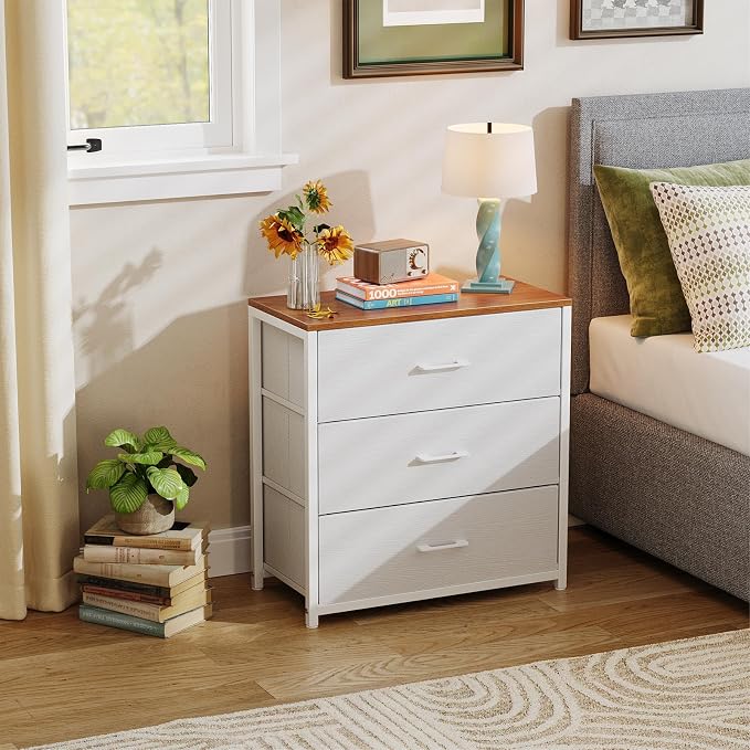 Memobarco Nightstand,Farmhouse Night stand with 3 Storage Drawer,Small Dresser for Bedroom,Chest of Drawers Fabric Dressers with Steel Frame,Wooden Top Front Bedside Table for Small Space,White+walnut - Image 8