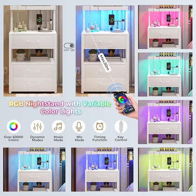 VIAGDO Led Nightstand with Charging Station, 3 Drawers Night Stands with Led Lights, White Bedside Tables with Storage Shelves, Modern End Side Tables for Bedroom, Office - Image 5