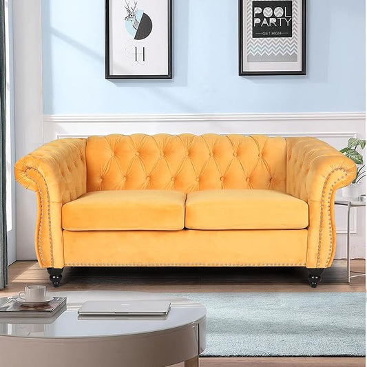 LEVNARY Velvet Sofa, Chesterfield Tufted Upholstered 2 Seater Couch, Modern Loveseat Couch Classic Furniture for Living Room Bedroom (Yellow)