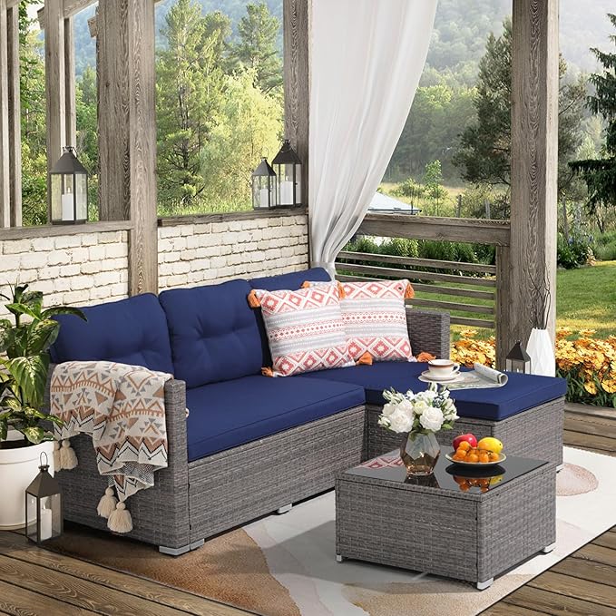 JOIVI Outdoor Patio Furniture Set, Wicker Conversation Set with Tempered Glass Coffee Table, All-Weather Rattan Furniture Small Sectional Sofa Set, L-Shaped Outdoor Seating with Cushions, Navy Blue