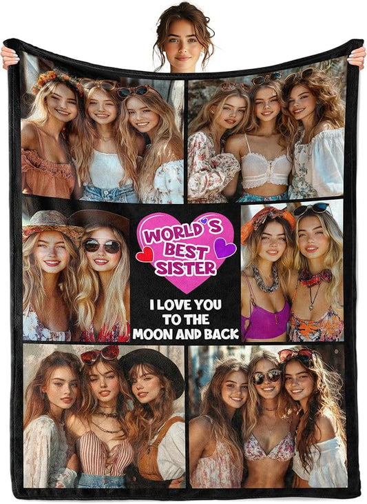 Custom Sister Blanket with Photos, Custom Best Friend Birthday Gifts, Personalized Besties Blanket, Customized Friendship Gifts for Women Friends, Best Soul Sister Gifts