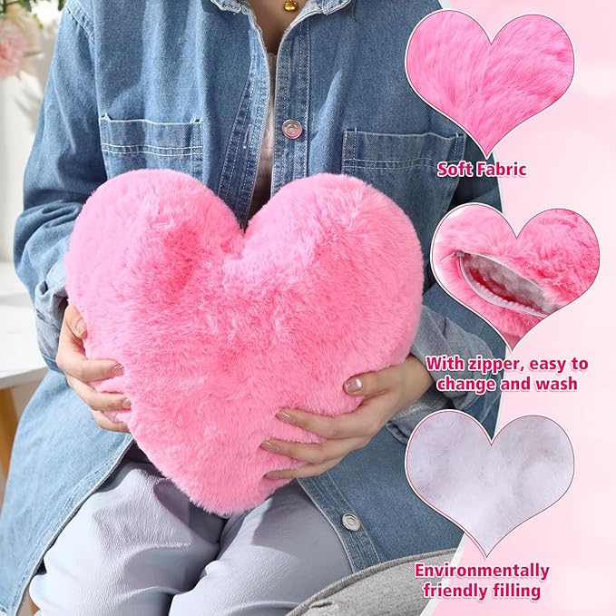 Marsui 2 Pcs Heart Throw Pillows, Soft Fluffy Faux Fur Decorative Hearts Shaped Pillows for Living Room Sofa Bed, Cute Heart Themed Gift for Women(Bright Pink,11.81 x 11.02 Inch)