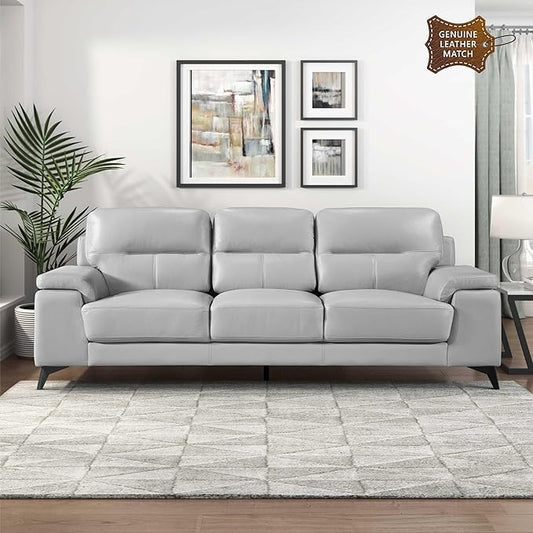 Lexicon Leather Couch, Modern Couch Sofa, Top Grain Leather Sofa, Oversized Sofa for Living Room, Bedroom, Office, Apartment, 3-Seater Couches, Silver Gray