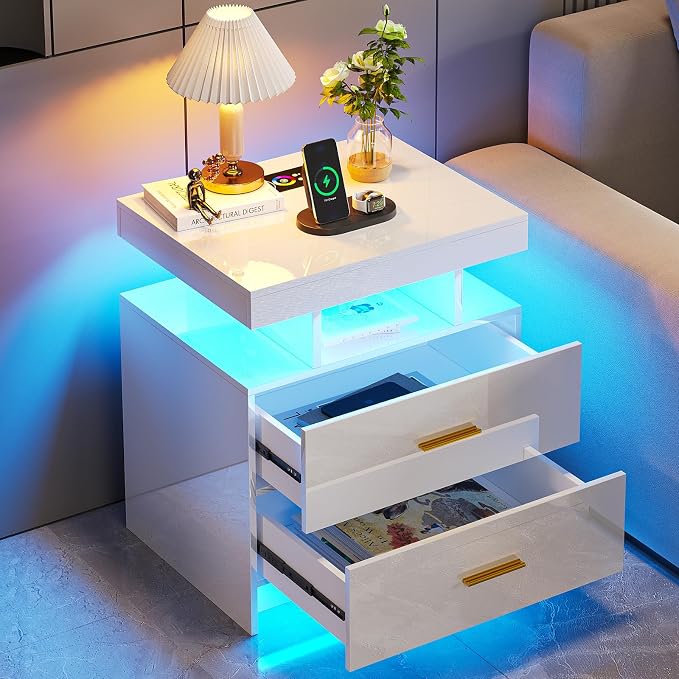 HNEBC Auto LED Nightstand with Wireless Charging Station & USB Ports,High Gloss Bedside Tables with 2 Drawers,Floating Nightstand with 3 Color & Adjustable Brightness for Bedroom,White by HNEBC