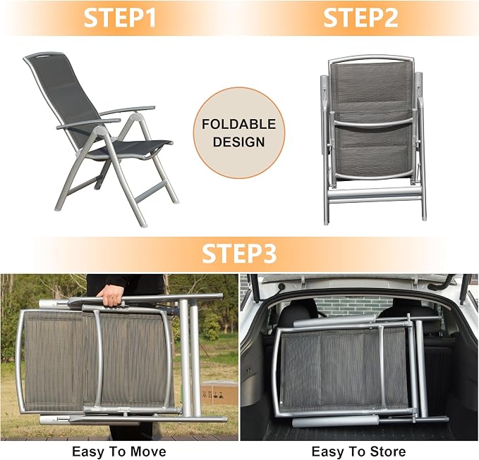 Domi Patio Folding Chairs Set of 2, Aluminium Frame Outdoor Reclining Patio Chairs for Garden Camping Poolside Beach Deck, Adjustable High Back Lawn Chairs with Soft Cotton-Padded Seat, Dark Gray - Image 9