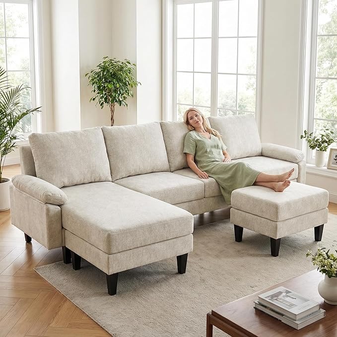 Modern L-Shaped Sectional Sofa with Storage Ottoman, Apartment Sectional Couch with Left Facing Chaise, 3-Piece Living Room Sofa Set, 115 Inch Furniture, Off-White