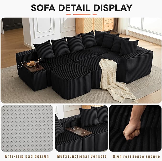 Oversized Cloud Modular Sectional Sofa Boneless Couch with Movable Ottomans,Free Combination Memory Foam Floor Couch with Charging Port & Cup Holders for Living Room | Coffee Table Board, Wireless Charge, No Assembly