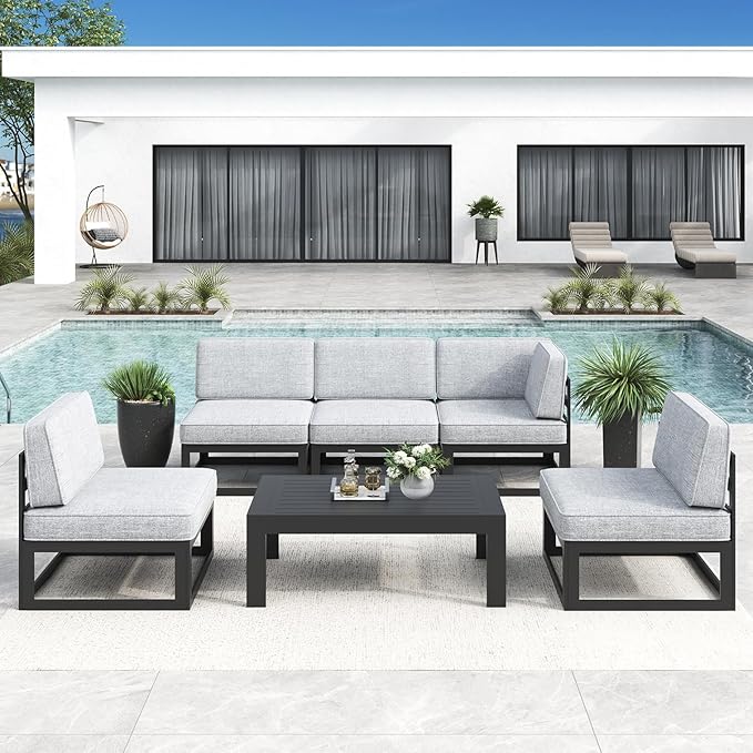 LayinSun Large Aluminum Patio Furniture Set, 6 Pieces Modern Outdoor Conversation Set Sectional Metal Sofa Set with Olefin Cushion