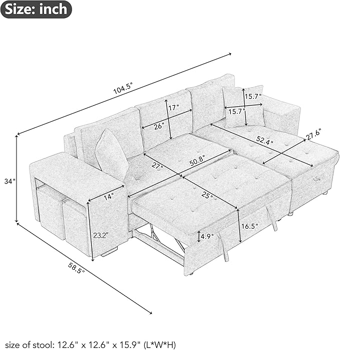 Ball & Cast 104" L-Shape Sectional Sofa with Storage Chaise and 2 Stools,Pull-Out Bed,3-Seat Chenille Reversible Couch w/Storage Armrest,for Living Room,Apartment,Cream