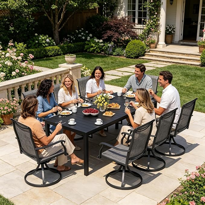 MEOOEM Expandable Patio Dining Set for 8, Modern 8 Seat Outdoor Dining Table Set with Swivel Chairs 450LBS, All Weather Heavy Duty 9 Piece Outdoor Dining Set for Outside, Garden, Backyard, Grey - Image 2