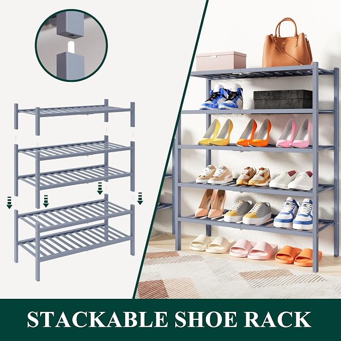 Smiry Shoe Rack, 2 Tier Thick Bamboo Shoe Organizer, Stackable Free Standing Wooden Shoe Storage Shelf for Closet, Entryway, Front Door Entrance, Grey - Image 4