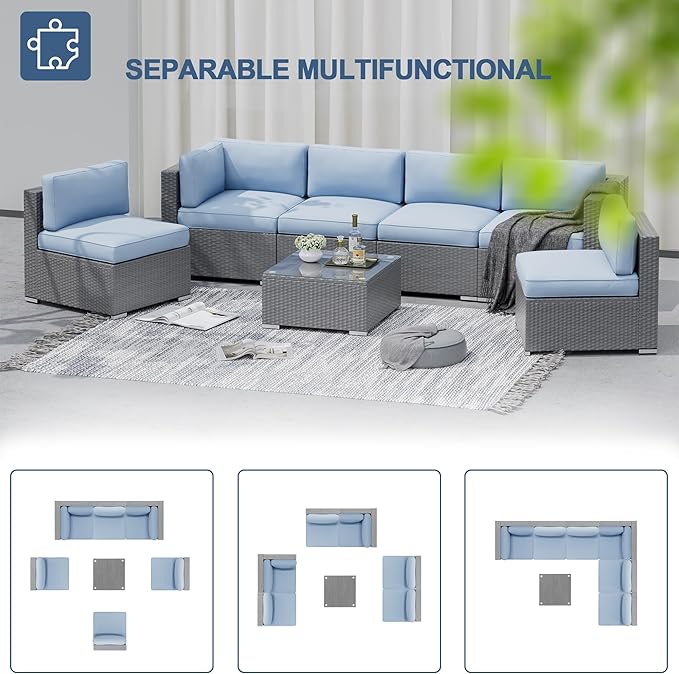 SUNCROWN Outdoor Patio Furniture Set 7 Piece Outdoor Sectional Sofa Grey Wicker Conversation Sofa Set with Coffee Table, Cushions and Fire Pit Table (Light Blue)