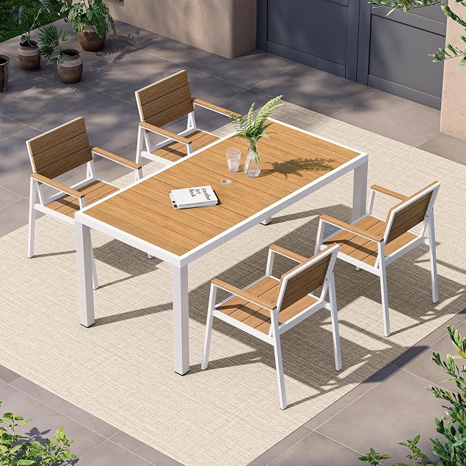 Vexwalx 5-Piece Outdoor Dining Set, Aluminum Dining Table Set for 4, Patio Table and Chairs Set with Umbrella Hole, All Weather HDPS Outdoor Table and Chairs for 4 (White-Teak) by Vexwalx