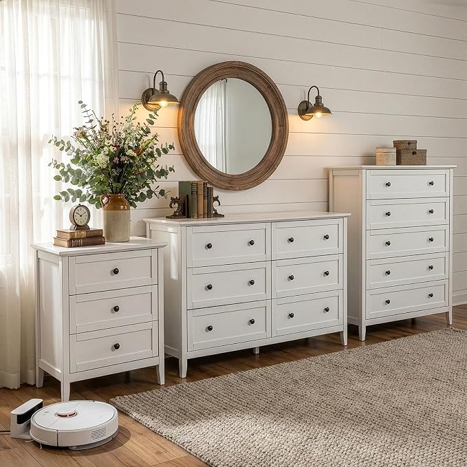 Karl home Farmhouse Nightstand with Charging Station, Wide End Table with 3 Large Drawers & Mental Handles, Wood Small Side Table of Drawers for Bedroom, Closet, White - Image 2