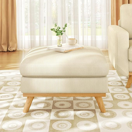 Vesgantti Large Ottoman for Modular Sofa, 29.5" Corduroy Pouf Ottoman with Spring Cushion, Rectangle Foot Rest for Couch, Entrance Footstool with Wood Legs, Footstool for Living Room, Bedroom, Beige