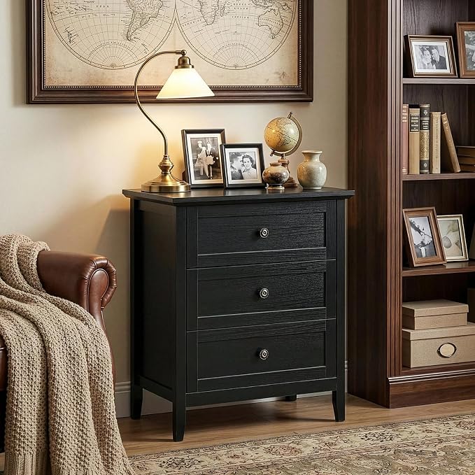 Karl home Farmhouse Nightstand with Charging Station, Wide End Table with 3 Large Drawers & Mental Handles, Wood Small Side Table of Drawers for Bedroom, Closet, Black - Image 2