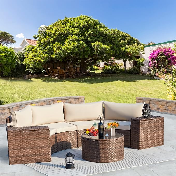 ECOTOUGE 7 Piece Patio Furniture Sets, Half-Moon Circle Conversation Set, Curved Wicker Outdoor Sectional with 2 Storage Armrests and Glass Coffee Table, Garden Balcony and Backyard (Beige)