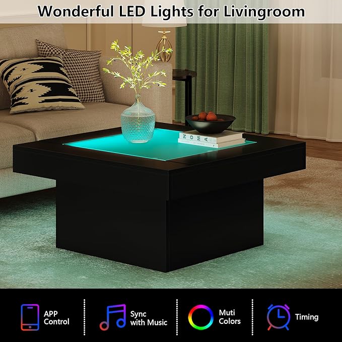 Square Coffee Table with LED Lights, 35.4" Coffee Tables for Living Room, Tempered Glass-top Coffee Table, Black Modern Center Table, Engineered Wood Low Coffee Tables for Home Office
